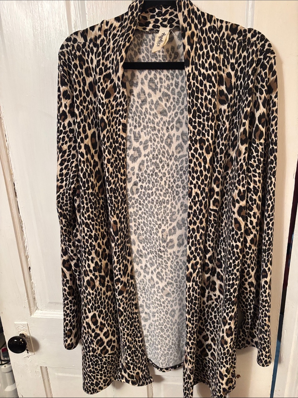 Leopard-Print Open-Front Robe Cardigan - Beige/Black